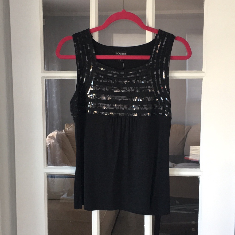 Ronen Chen black sequin and polyester tank top.